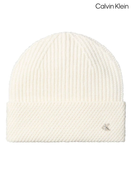 White - Calvin Klein Wool Blend Monogram Beanie