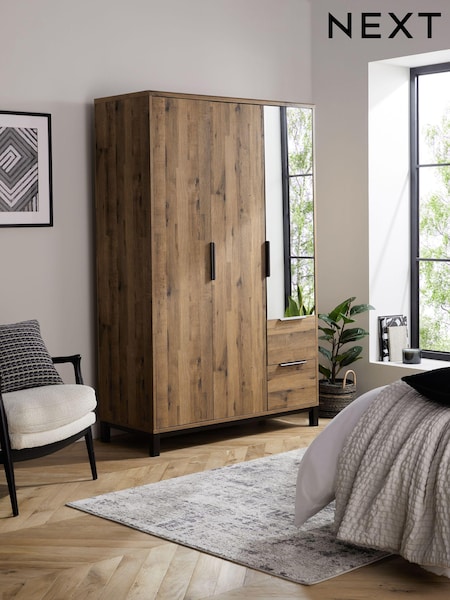 Dark Bronx Oak Slim Triple, 2 Drawers Effect Semi Fitted Mirrored Wardrobe (467715) | €750