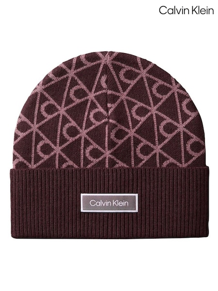 Red - Calvin Klein Allover Emblem Logo Wool Beanie