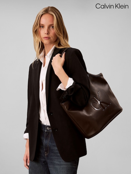 Brown - Calvin Klein Embossed Monogram Tote Bag