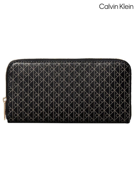 Black - Calvin Klein Allover Emblem Logo Zip Wallet