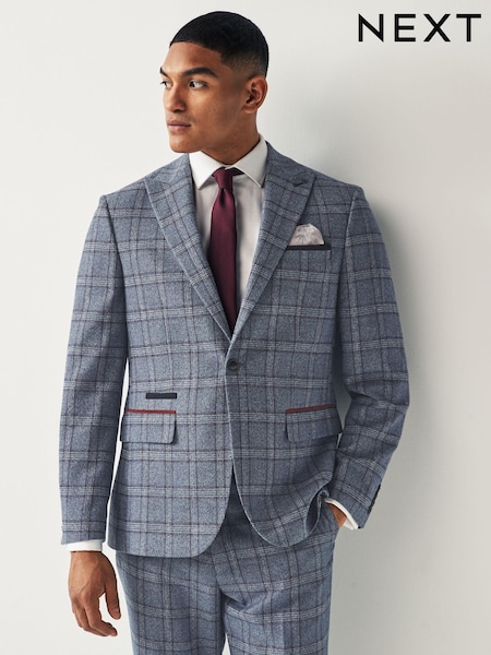 Blue Regular Fit Trimmed Check Suit Jacket (469276) | €37