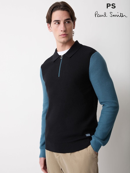 Schwarz - Regular Ps Paul Smith Textured Knit Zip Neck Polo Jumper