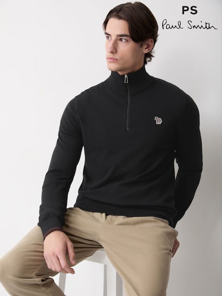 Black - Regular Paul Smith Zebra Logo Zip Neck Jumper