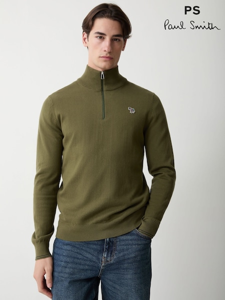 Green - Regular Paul Smith Zebra Logo Zip Neck Jumper