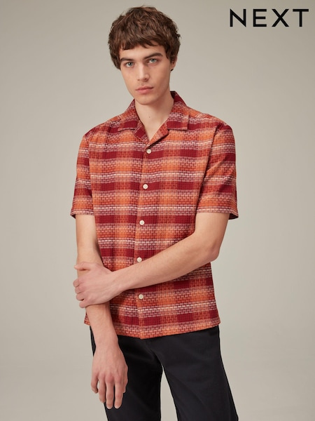 Roșu - 100% Cotton Carouri Mânecă scurtă Textured Cămăși with Cuban Guler (470585) | 119 LEI