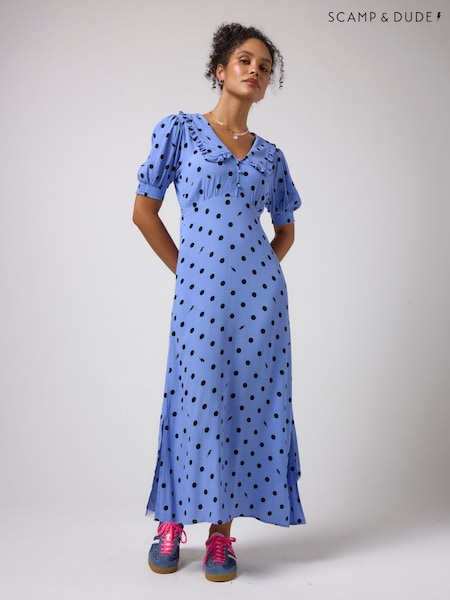 أزرق - Scamp & Dude Polka Bolt Collared Midi Tea Dress