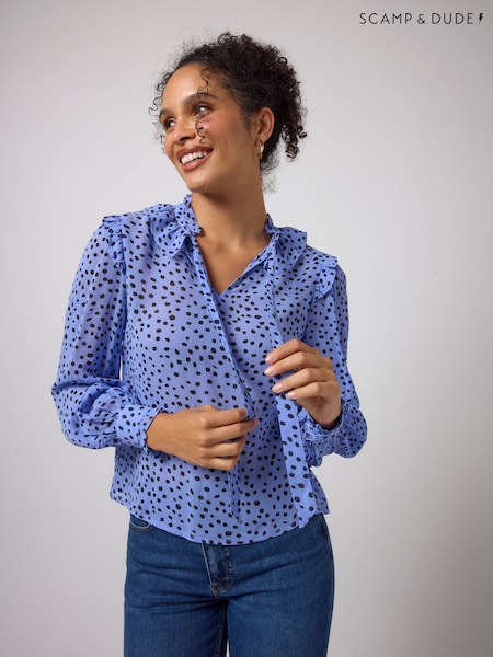Blue - Scamp & Dude Cheetah Spot Tie Neck Blouse