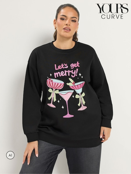 Crno - Yours Curve Merry Christmas Cocktail Glitter Novelty Sweatshirt