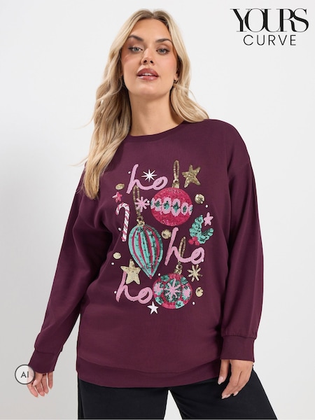 أحمر - Yours Curve 'ho Ho Ho' Sequin Baubles Sweatshirt