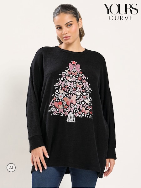 أسود - Yours Curve Glitter Christmas Tree Novelty Sweatshirt