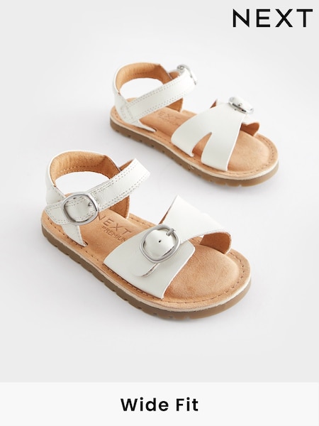 White Wide Fit (G) Leather Buckle Sandals (471456) | AED61 - AED67