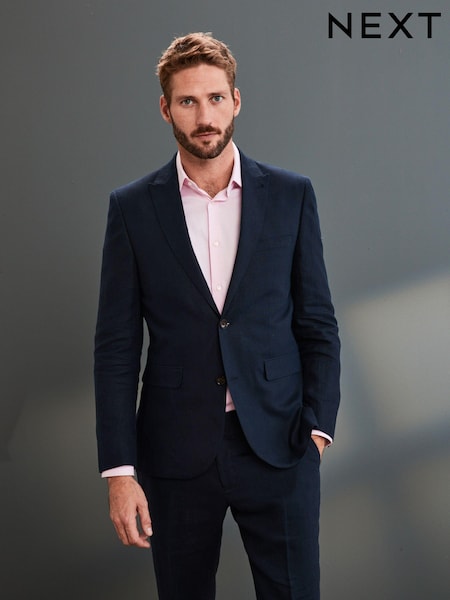 Navy Blue Slim Signature Nova Fides Italian Linen Suit Jacket (471763) | €21