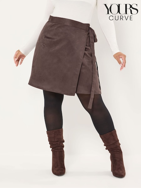 Brown - Yours Curve Faux Suede Wrap Mini Skirt