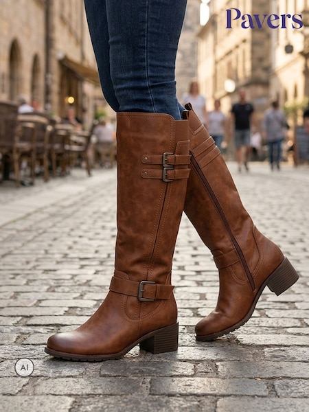 Brown - Pavers Buckle Detail Zip Fasten Long Boots