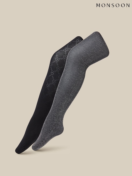 Black - Monsoon Glitter Tights 2 Pack