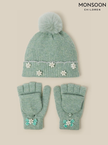 Green - Monsoon Pearl Flower Bobble Hat & Gloves Set