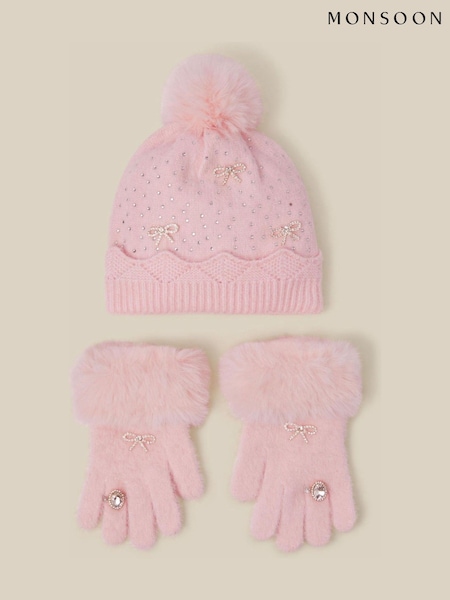 Pink - Monsoon Glam Bobble Hat & Gloves Set