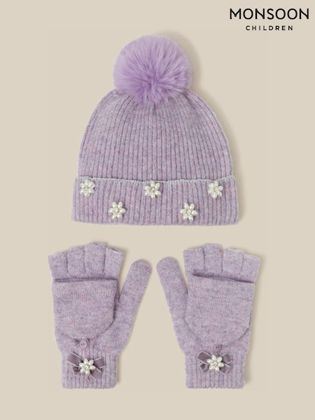 Púrpura - Conjunto de gorro y guantes Monsoon Pearl Flower con pompón y