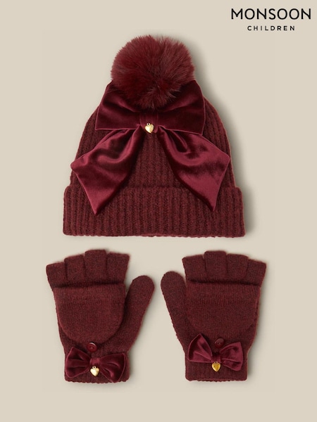 Rojo - Monsoon Velvet Bow Bobble Hat & Gloves Set