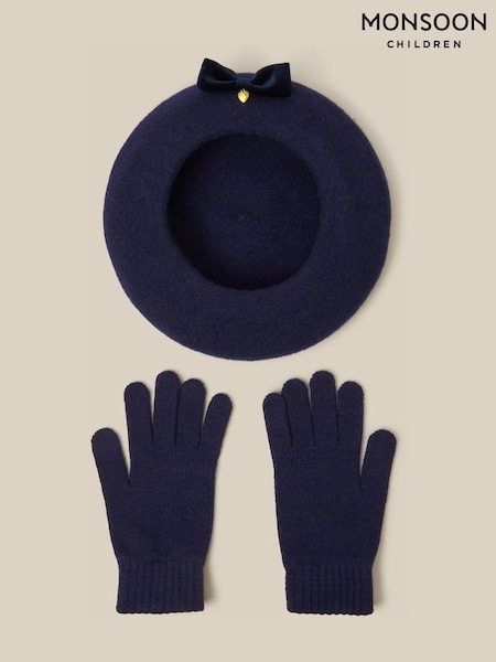 Blau - Monsoon Velvet Bow Wool Beret & Gloves Set