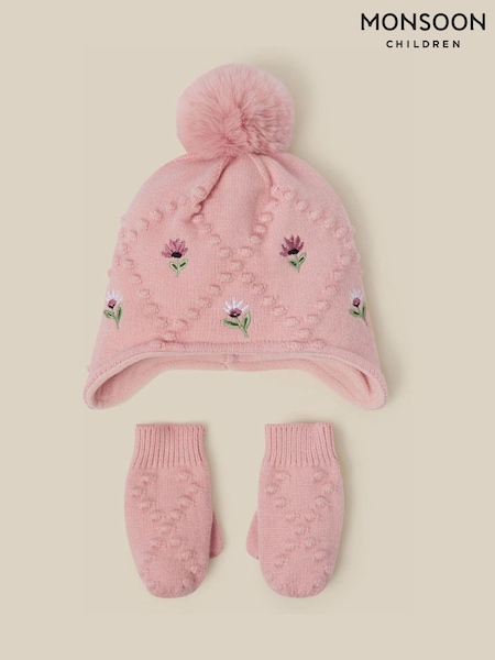 Pink - Monsoon Baby Floral Trapper Hat & Gloves Set
