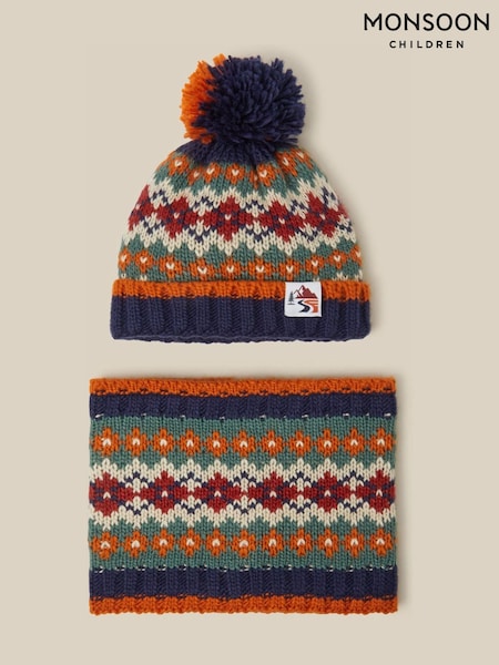 Blue - Monsoon Fair Isle Bobble Hat,gloves And Scarves Set