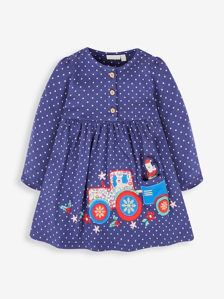 JoJo Maman Bébé Navy Santa in a Tractor Appliqué Button Front Dress (476073) | AED143