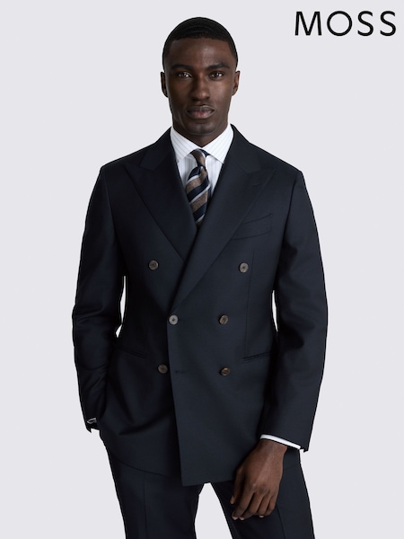 Темно-синий - Double Breasted Moss Tailored Fit Twill Italian Suit Jacket