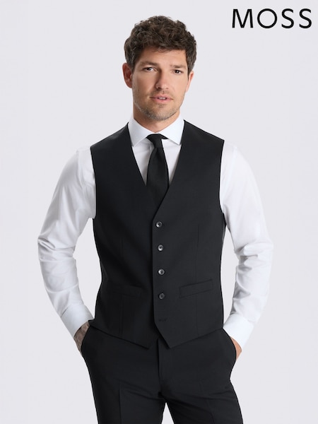 Negro - Regular Moss Tailored Fit Wool Blend Performance Waistcoat
