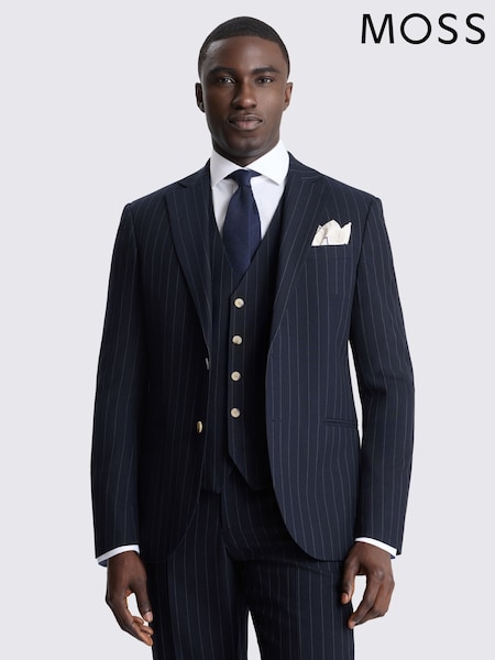 Navy Blue - Regular Moss Tailored Fit Stripe Suit Jacket