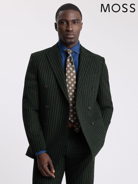 Dark Green & Taupe - Regular Moss Tailored Fit Wool Blend Stripe Suit Jacket