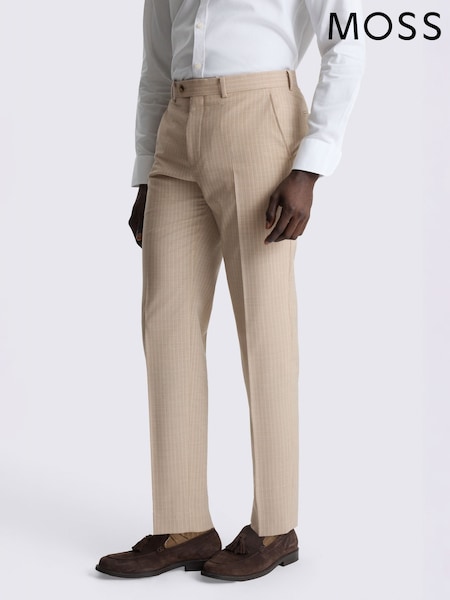 Natural - Regular Moss Tailored Fit Wool Blend Stripe Performance Suit Trousers