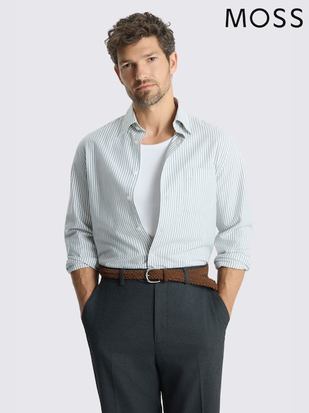 Green - Regular Moss Washed Cotton Oxford Stripe Shirt