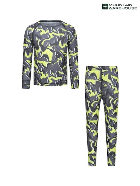 Green - Mountain Warehouse Talus Printed Quick Dry Kids Baselayer Top & Thermals Set