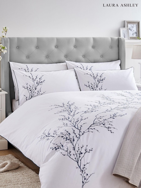 Laura Ashley Midnight Pussy Willow Sprig Embroidered 100% Cotton Duvet Cover And Pillowcase Set (477442) | €126 - €172