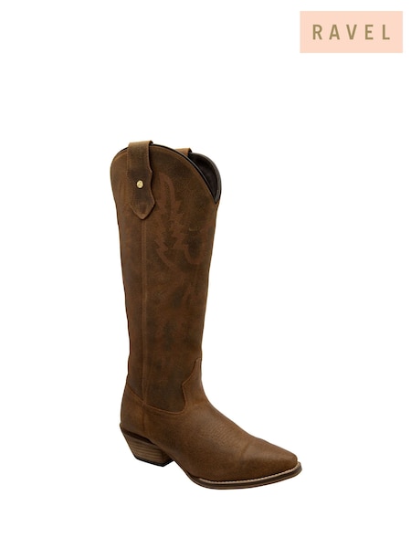 Ravel Brown Leather Mid Calf Cowboy Western Boots (479587) | ₪679
