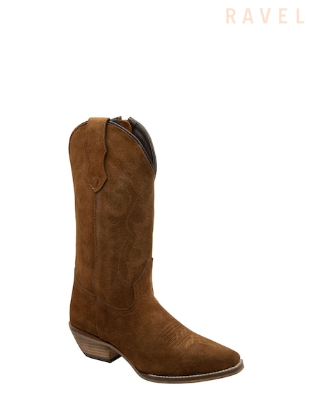Ravel Brown Leather Calf High Cowboy Western Boots (479788) | AED699