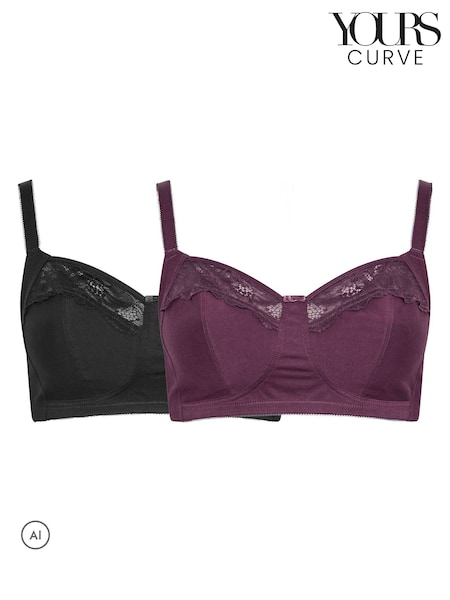 Черный - Yours Curve Non-padded Non-wired Full Cup Bras 2 Pack