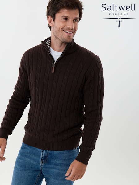 Brown - Regular Saltwell Cable Knit Cotton Funnel Neck Quarter Zip Jumper
