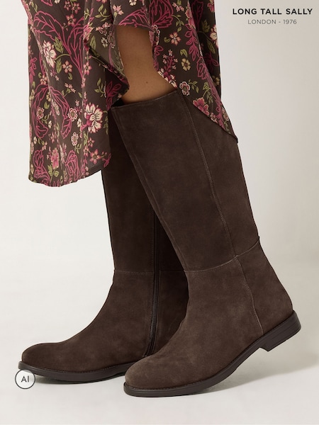 Brown - Long Tall Sally Suede Knee High Riding Boots In Standard Fit