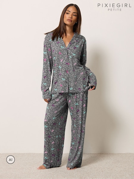 Grey - Pixiegirl Petite Bows Soft Touch Long Sleeve Pyjamas