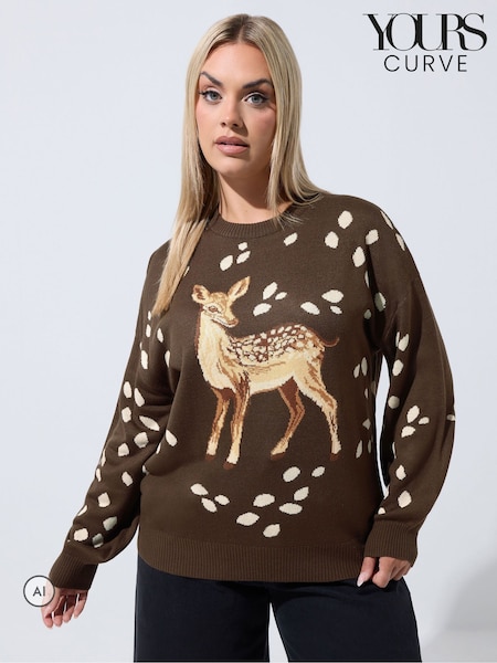 Brown - Yours Curve Limited Deer Print Knitted Jumper