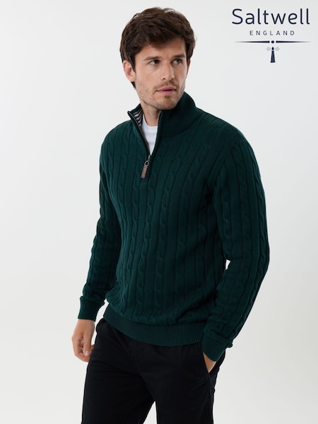 Grön - Regular Saltwell Cable Knit Cotton Funnel Neck Quarter Zip Jumper