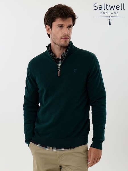 Green - Regular Saltwell Cotton Funnel Neck Quarter Zip Jumper