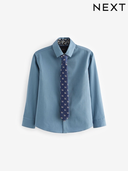 Blue Long Sleeve 100% Cotton Shirt with Tie Set (3-16yrs) (480634) | AED63 - AED81