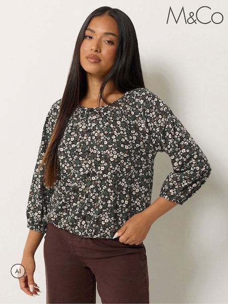 Noir - M&co Petite Ditsy Floral Button Through Cotton Blouse