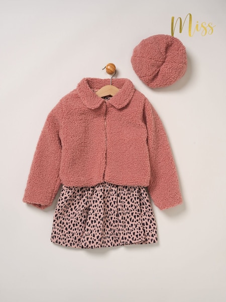 粉红色 - Miss 3 Piece Faux Fur Jacket And Leopard Print Dress Set With Beret