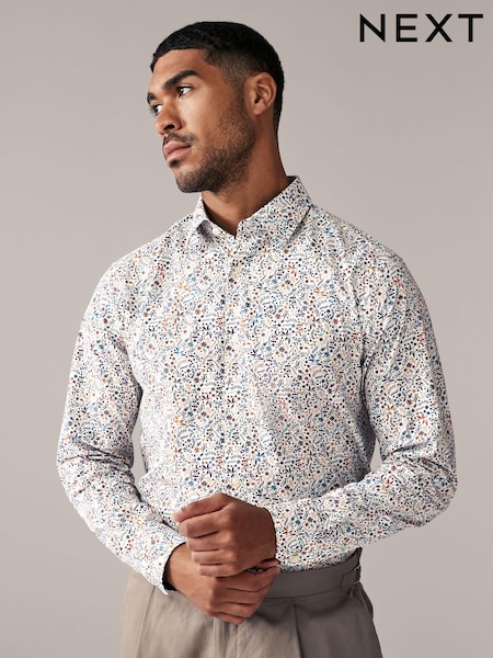 Alb cu floricele - Print Regular Fit 100% Cotton Long Sleeves Single Cuff Formal Shirt (480736) | 177 LEI