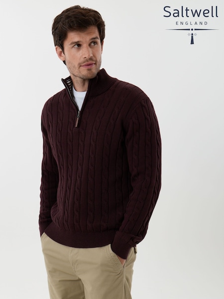 Röd - Regular Saltwell Cable Knit Cotton Funnel Neck Quarter Zip Jumper